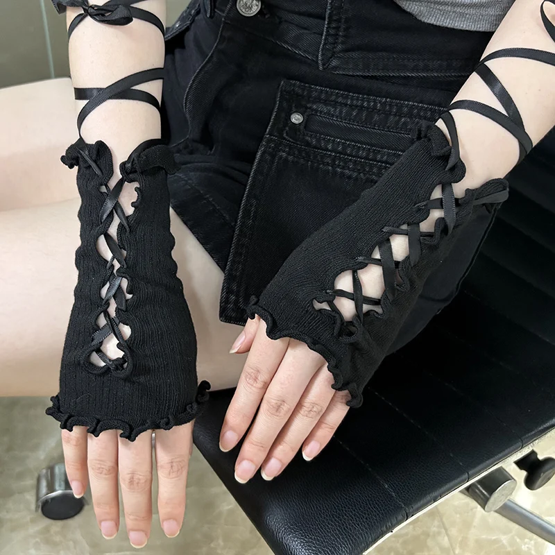 Women Elastic Ruffle Y2k Gloves Kawaii Lolita Jk Lace Fingerless Glove Black Gothic DIY Strapping Girl Punk Clothing Accessories