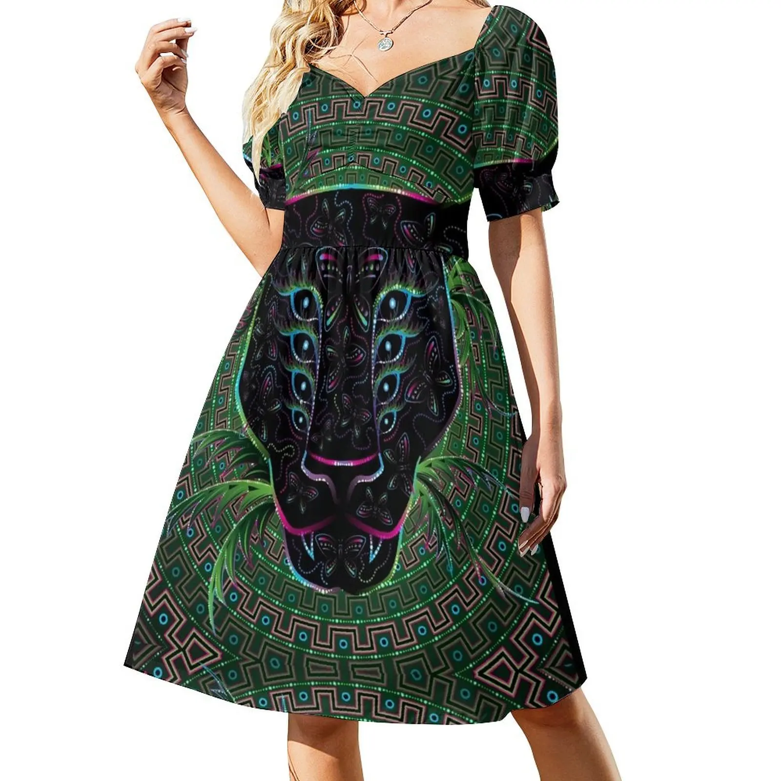 thumbnail image 1 of Vestido holgado de manga corta con diseño psicodélico de ayahuasca, jaguar negro, chamán y animal., 1 of 7