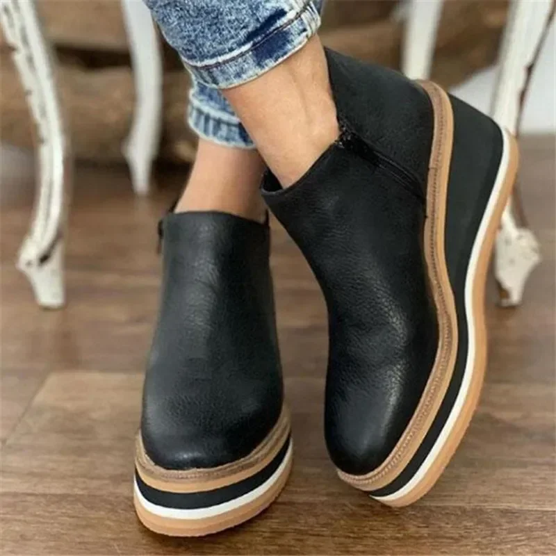 

Women's Boot RoundToe High Top Platform Wedges Retro Short Booties Soft PU Shoes Zipper Casual Comfortable Ankle Boots For Women