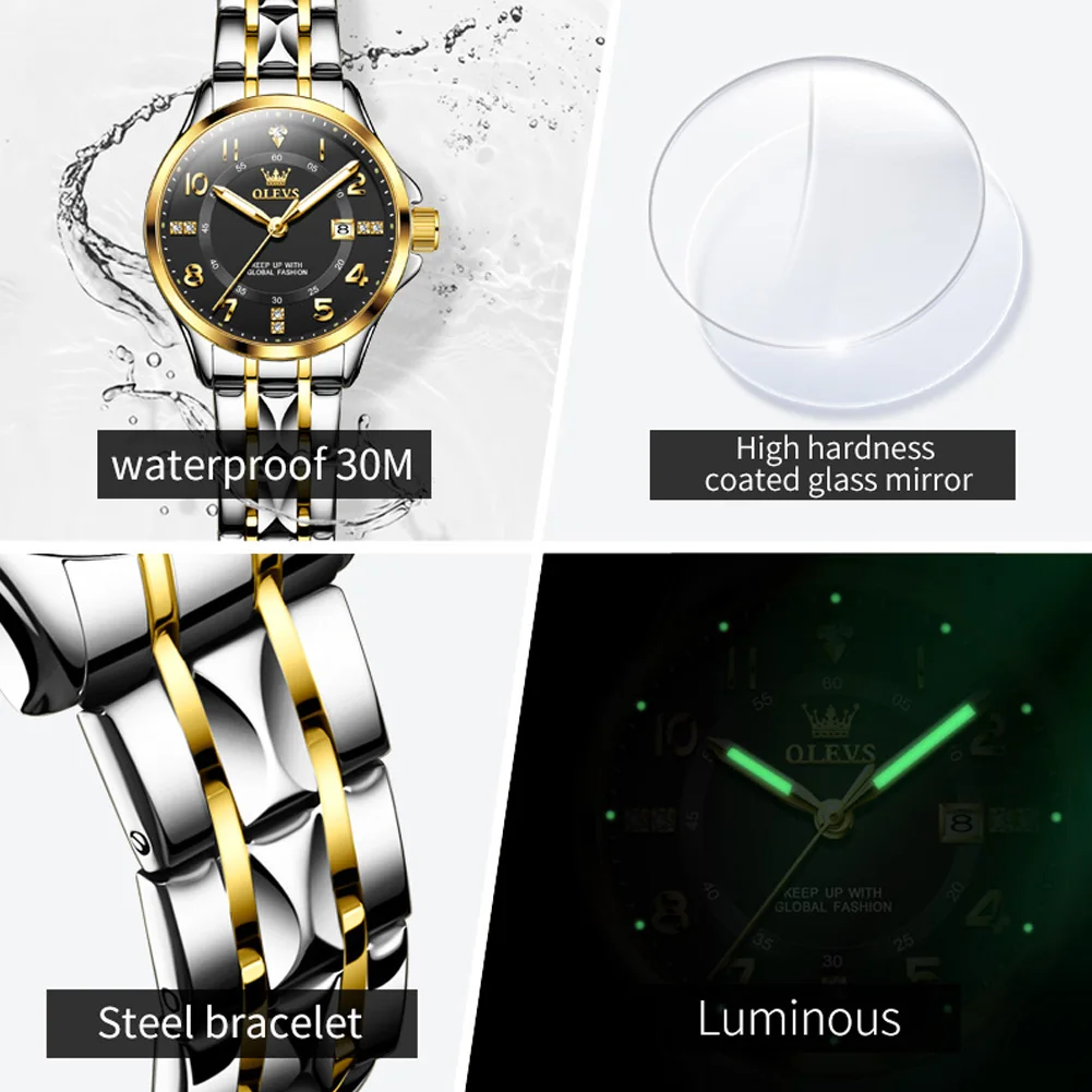 Luxury Women Quartz Wrist Watches Diamond Numeral Scales Date 30M Water Resistance Business Fashion Luminous Watch for Ladies