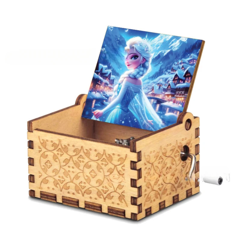 Wooden music box ornament Classical engraving hand crank Princess Elsa music box Frozen