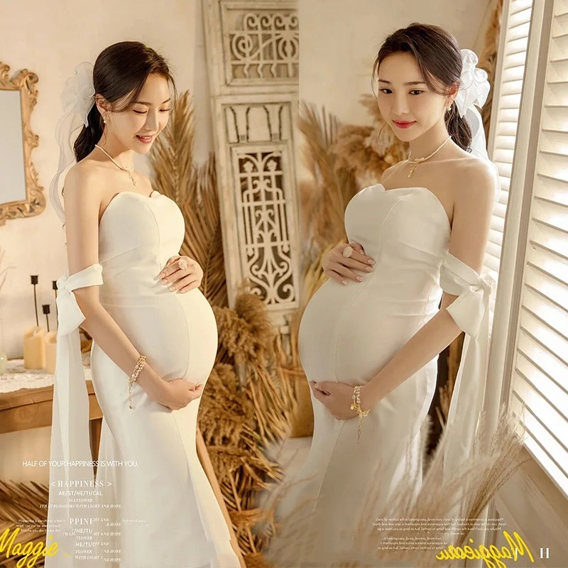 Dvotinst Women Photography Props Maternity Dresses White Elegant Tube Top Pregnancy Trailing Dress Studio Shooting Photo Props