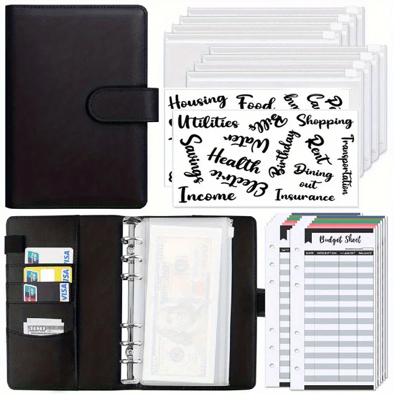 A6PULeatherBudgetBinderNotebookCashEnvelopesSystemSetwith