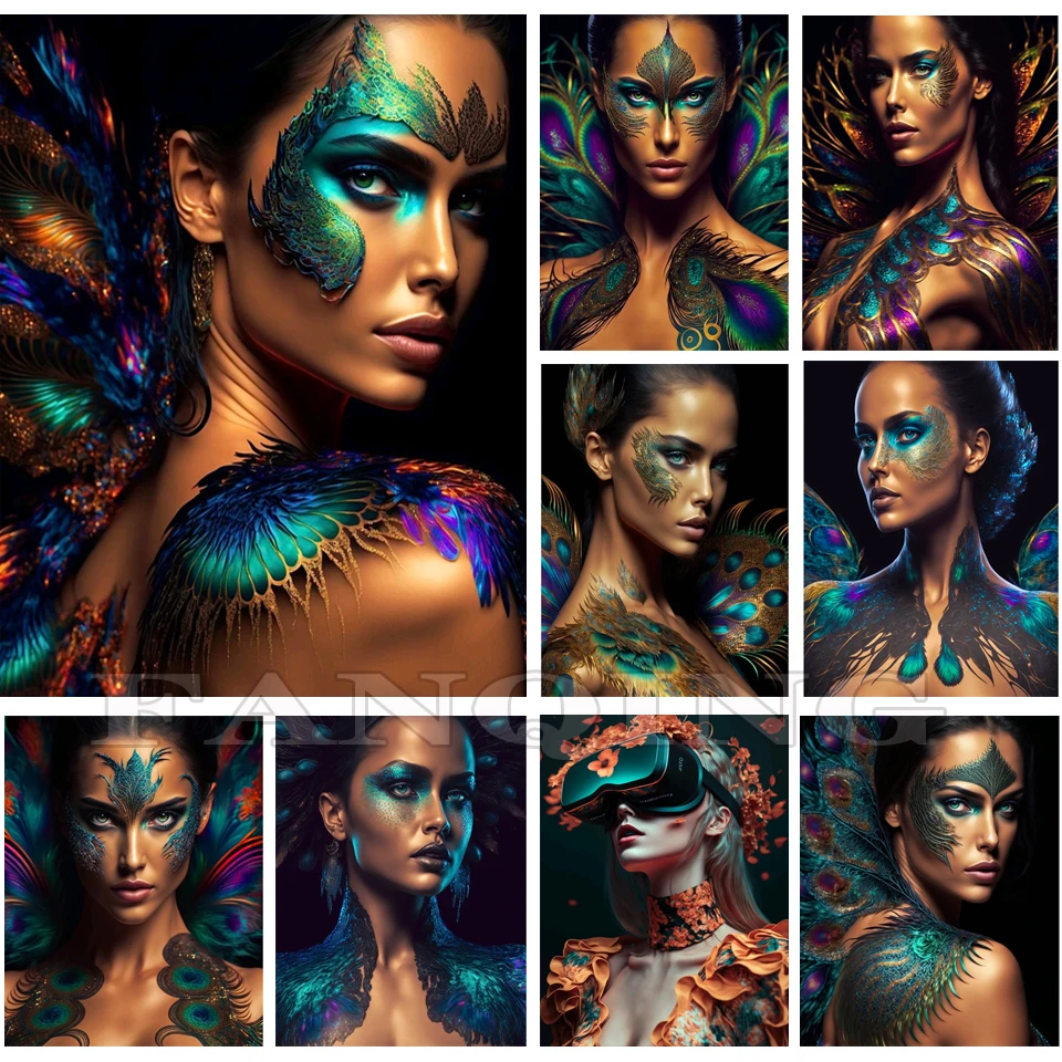 DIY 5D Diamond Painting Peacock Makeup Woman Portrait Cross Stitch Kits Full Diamond Mosaic Rhinestone Pictures Home Decor A122