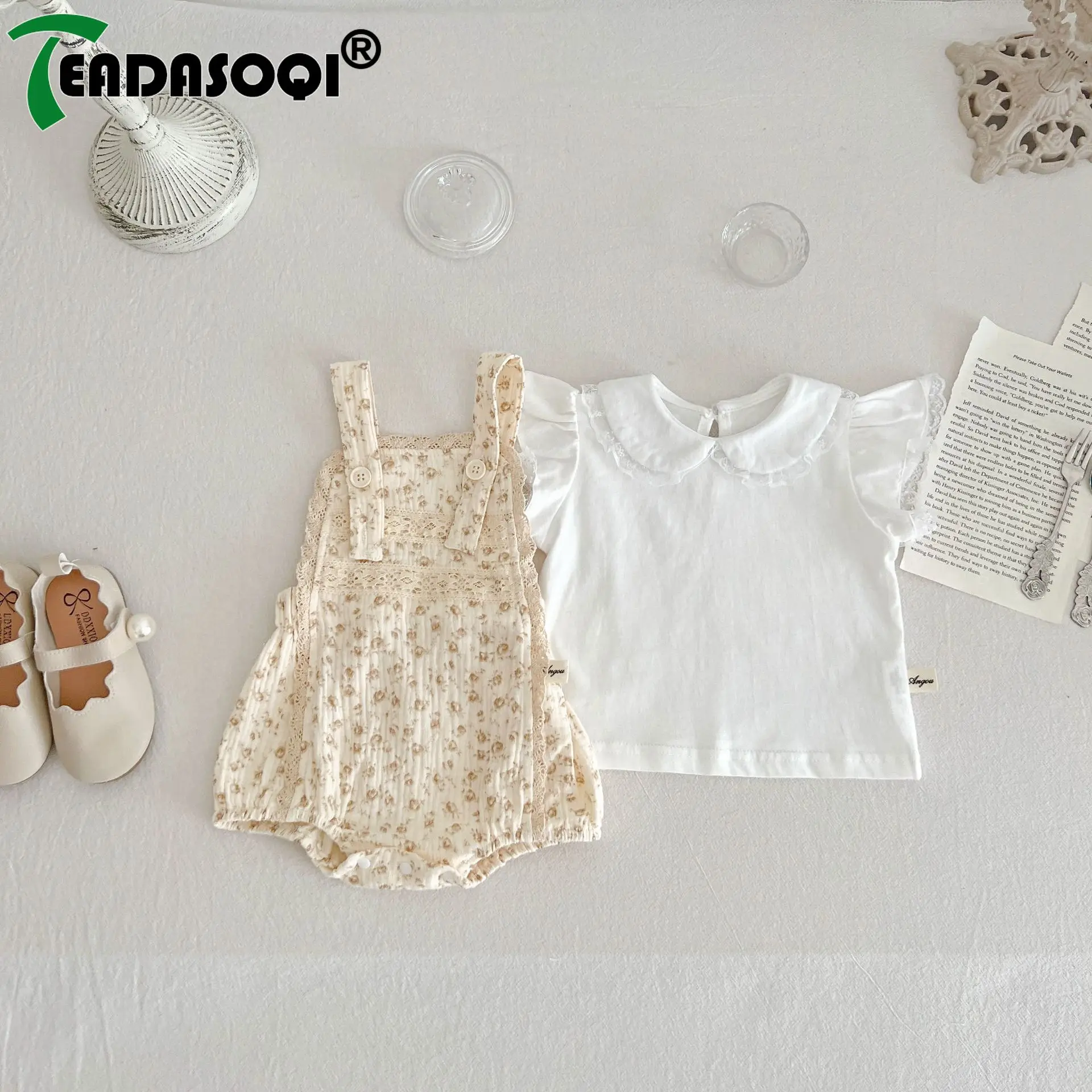 

Floral Baby Girl Overall White Shorts Set with Trendy Sleeveless Top+Ruffled Sleeves - Perfect for kids infant Summer Adventures