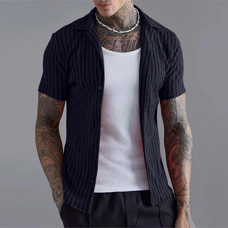 

Рубашка мужская в полоску, Модная приталенная блуза с коротким рукавом, на пуговицах, с отложным воротником, топ, Повседневная Уличная одежда, лето