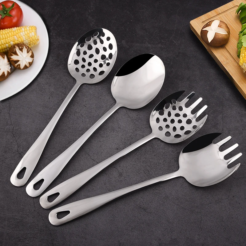 Stainless Steel Cutlery Set 304 Stainless Steel Long Handle Public Hole Spoon Serving Fork Salad Household Tablespoons Cutlery Dinnerware Kitchen