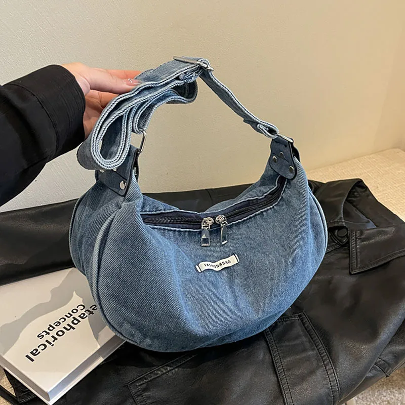 

Casual Large Capacity Simple Denim Crossbody Bag Women New All-Matching Solid Shoulder Bag Korean Fashion Portable Commuter Bag