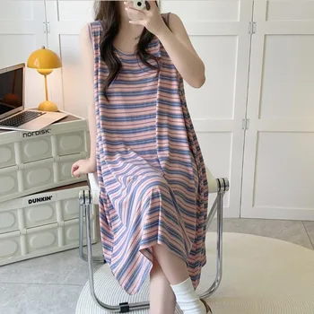 150kg 3XL Plus Size Striped Vest Nightdress Women Summer Sleeveless Loungewear Ins Trend Loose Long Dress Pajamas Homewear