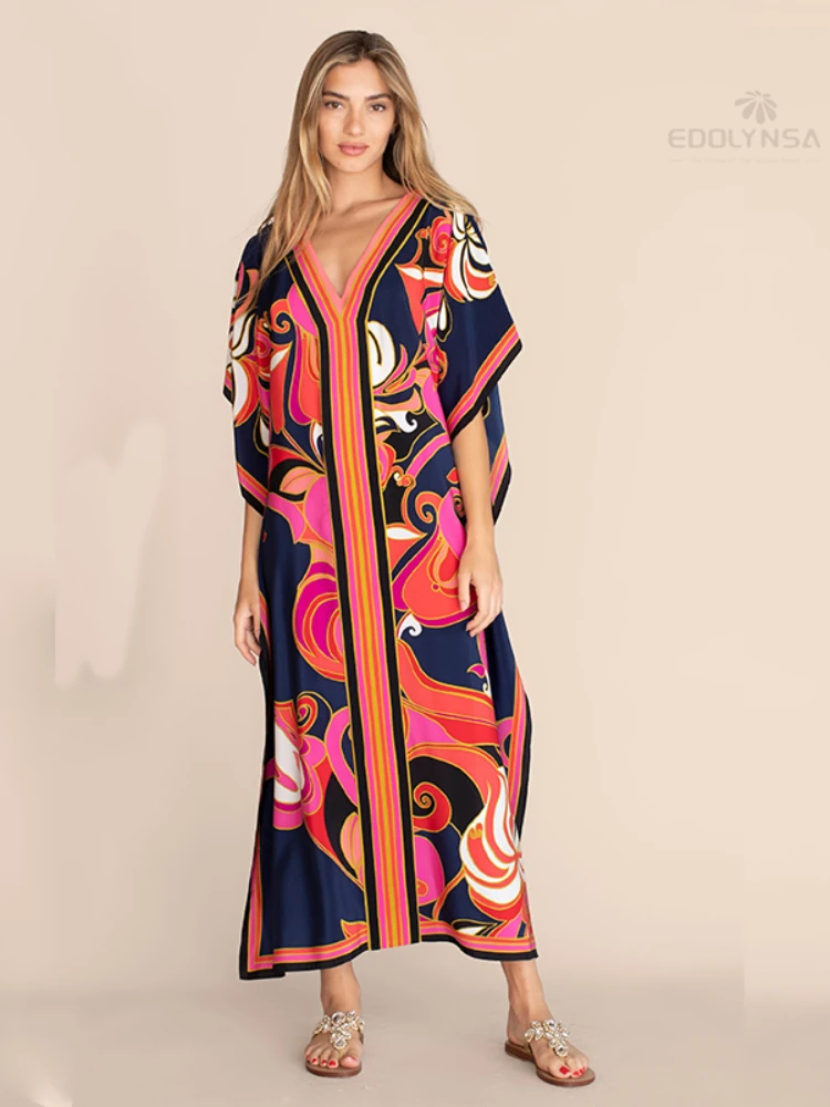 Long Kaftan Bohemian Printed Bikini Cover-ups Sexy V-neck Half Sleeve Maxi Dress Tunic Women Beach Wear Swim Suit Cover Up Q1333 3