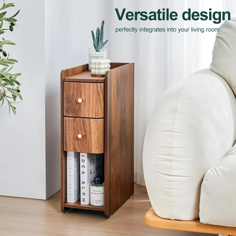 Narrow Nightstand Set of 2 Wooden Small 2 Drawer Nightstand Slim Side End Table Skinny Bedside Table Mid Century Modern Night S