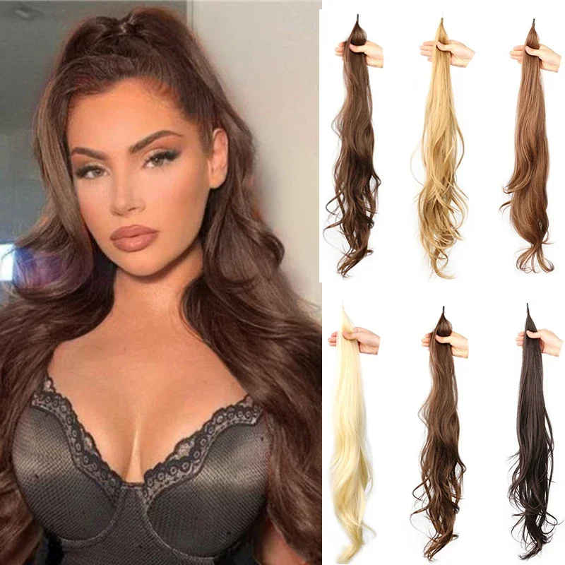 32inch Curly Flexible Warp Around Ponytail for Women Long Natural Wavy Hairpiece Ponytail Extensions Synthetic Brown Fake Hair