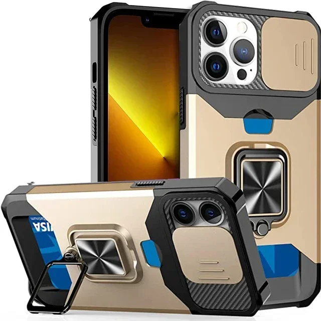 Shockproof Armor Phone Case with Card Slot, Ring Holder, and Slide Camera Cover