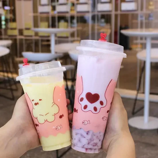 100pcs Disposable Printed Milk Tea Cups 90 Caliber 700ML Beverage Juice Cup Transparent Food Grade Plastic U-shaped Beverage Cup