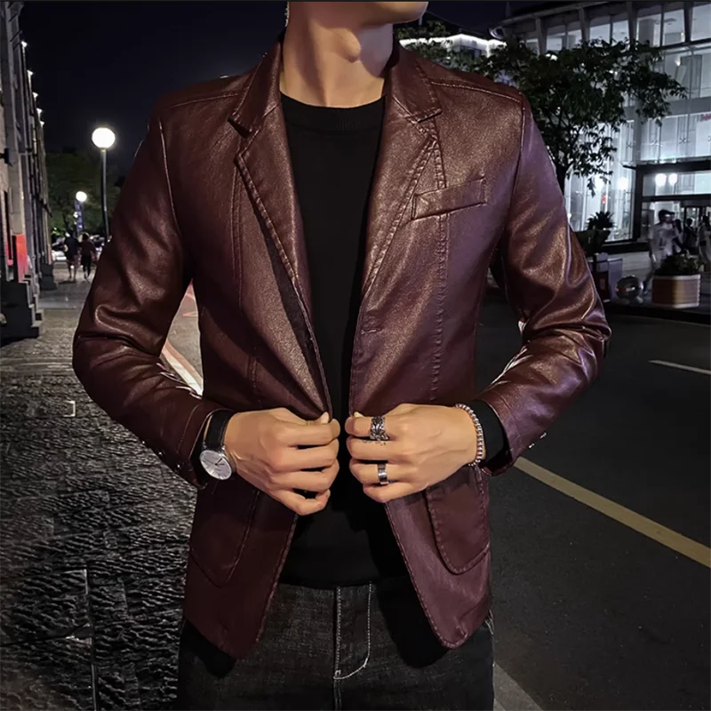 Leather Jackets New Men Business Casual Leather Jacket Black / khaki Fashion Male Suit Collar Coats Large Size 5XL Slim Fit Top