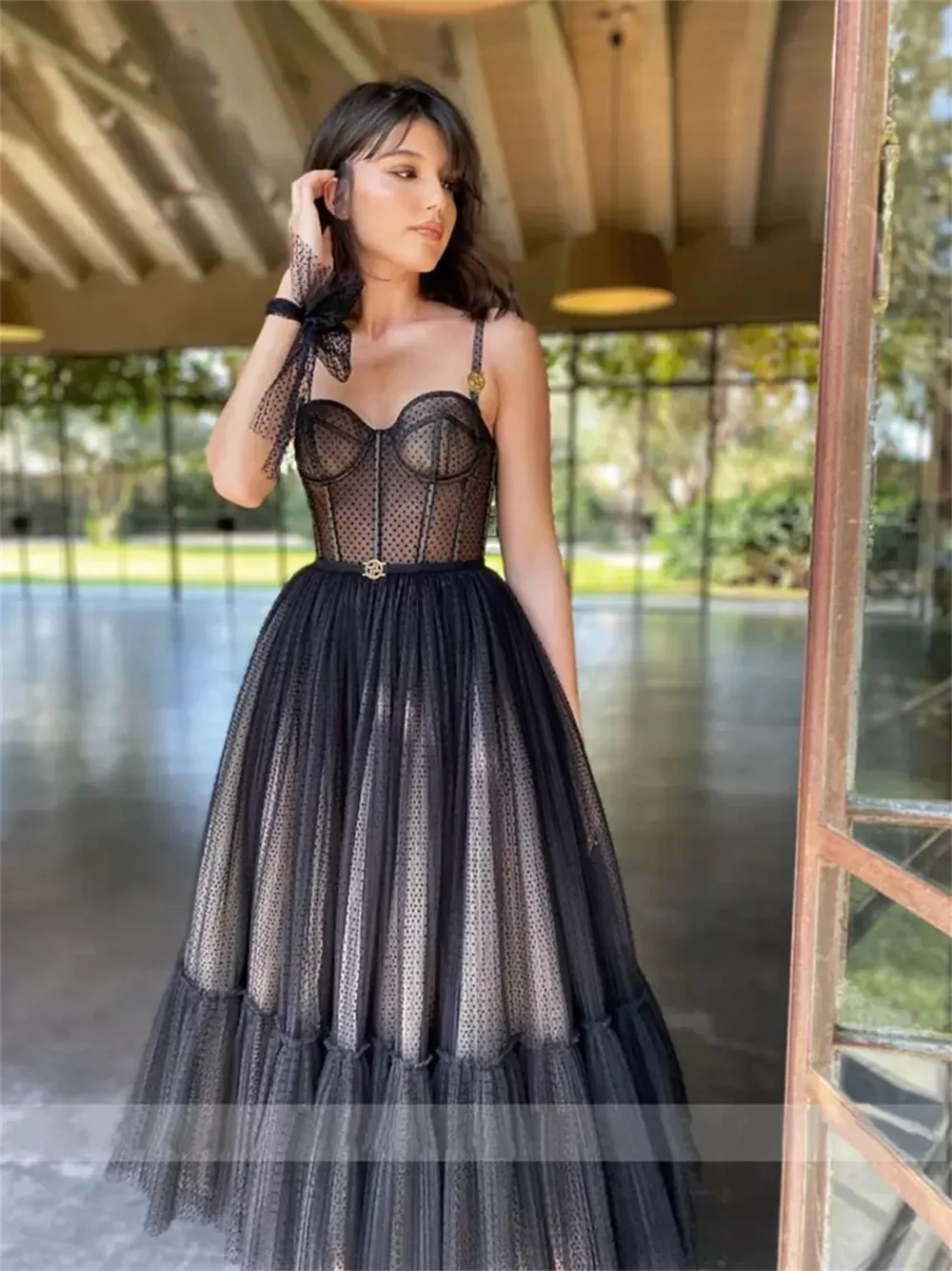 Modern Black Dotted Tulle Short Celebrity Prom Dresses Spaghetti Straps Evening Gowns Sweetheart Corset Cocktail Party فستان