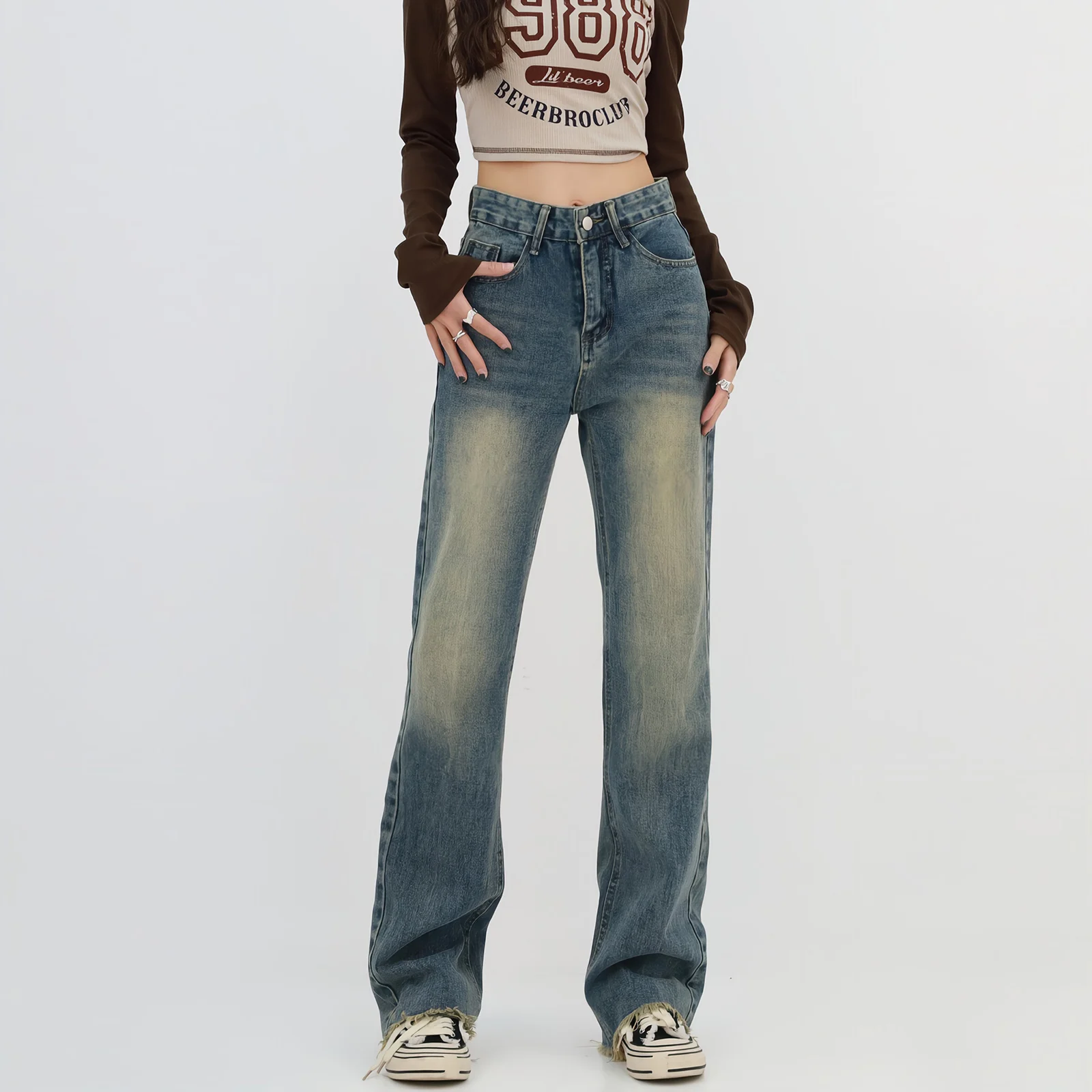 

High Waisted Vintage Jeans Women Y2k Streetwear American Style Sense Design Star Pants Loose Straight Wide Leg Flared Trousers