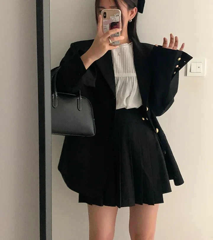 Korean Chic Two-piece Skirt Set Women Single Breasted Blazer Loose Jacket Solid Pleated Mini Skirt Autumn Office Lady Outfits