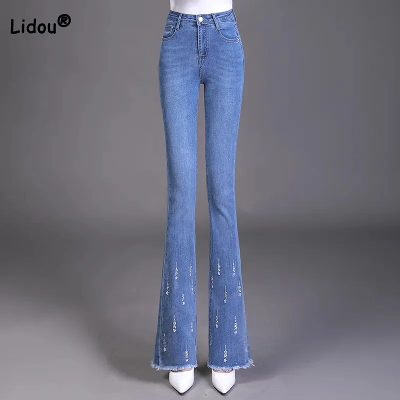 

Spring Autumn New Trend Trimmings High Waist Denim Pants Womens Korean Embroidery Button Pockets Wash Slim Micro Flare Jeans