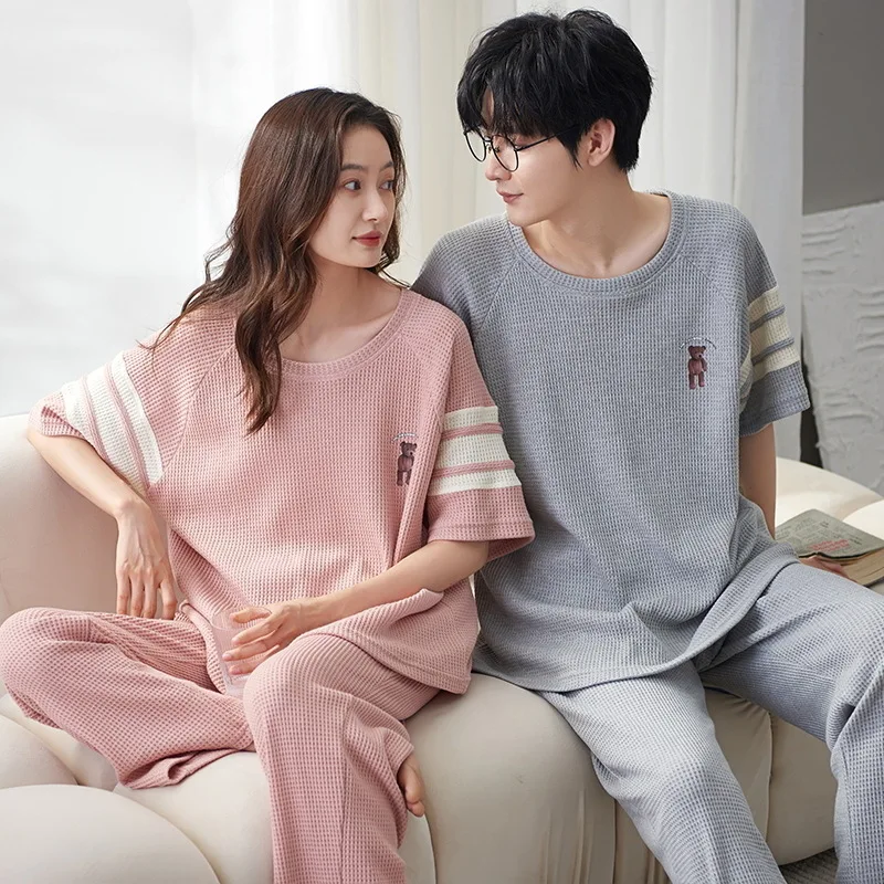 Couple Pajama Set Sleepwear Knitted Cotton Pyjamas Loungewear Cartoon Homewear Lover Pijamas Short Sleeved Men and Women Casual