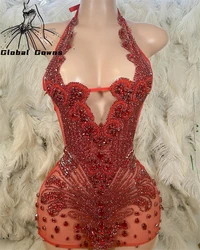 Red Diamonds Halter Short Prom Dresses Black Girls Sparkly Bead Rhinestone Crystal Birthday Mini Cocktail Party Dress Robe De