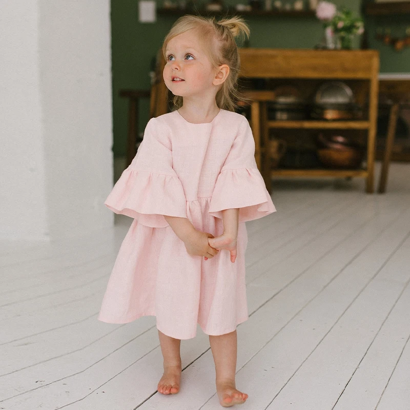 Whte Lnen Ruffle Dress For Grls | Long Sleeve Toddler Dress