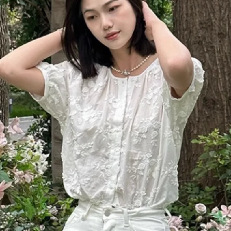 

Женская хлопковая белая рубашка с цветочной 3D вышивкой