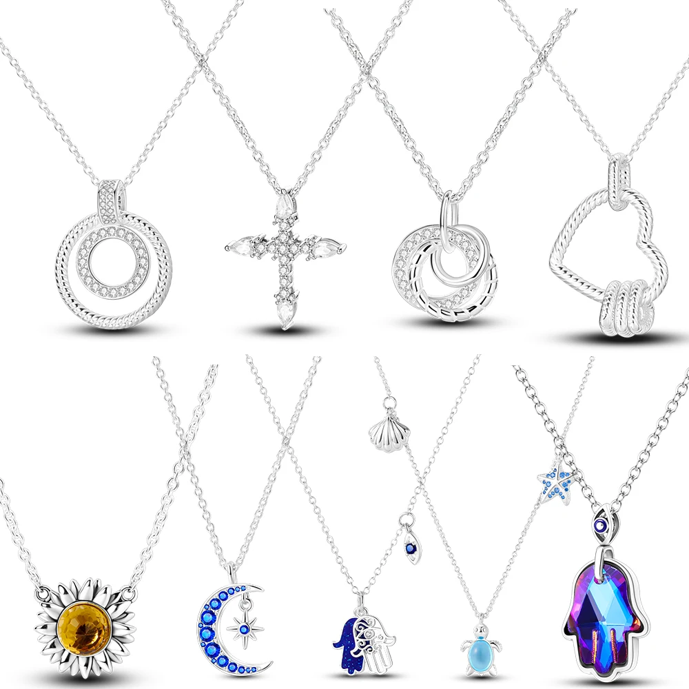 MULA925SterlingSilverBlueStarMoonHeartSunflowerCrossButterflyNecklaceFitOriginal
