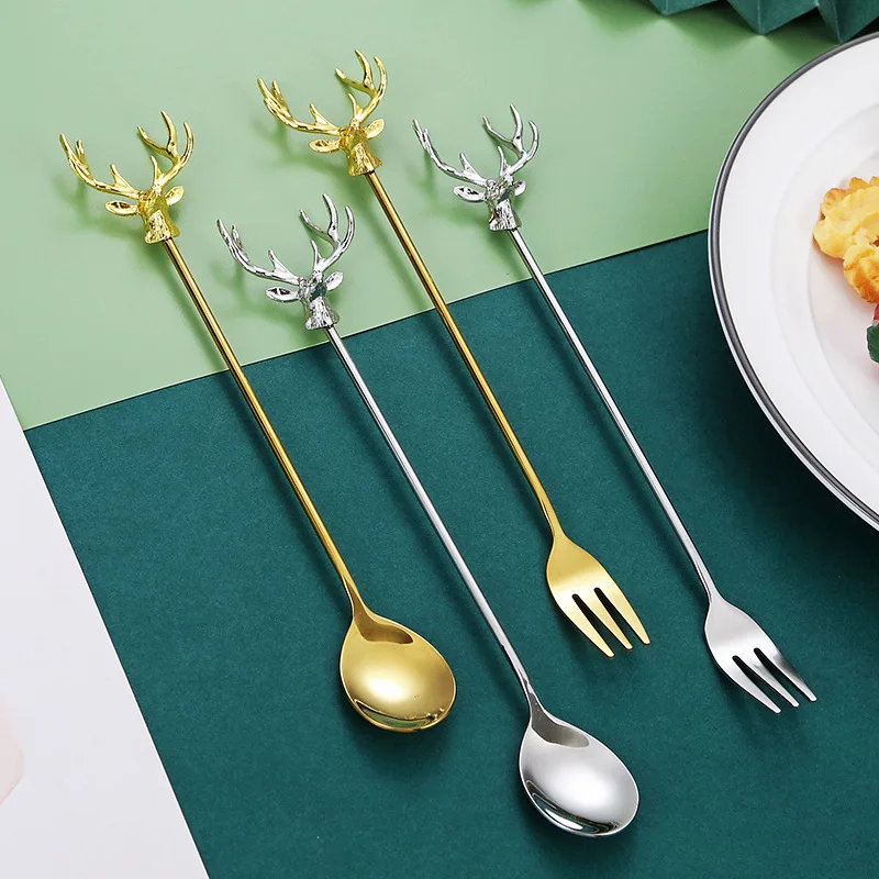 Stainless Steel Cutlery Set Milu Deer Coffee Cake Spoon Fork Dessert s Stirring Teaspoon Ice Cream Fruit Kitchen supplies Stainless Steel cutlery set,stainless steel cutlery set