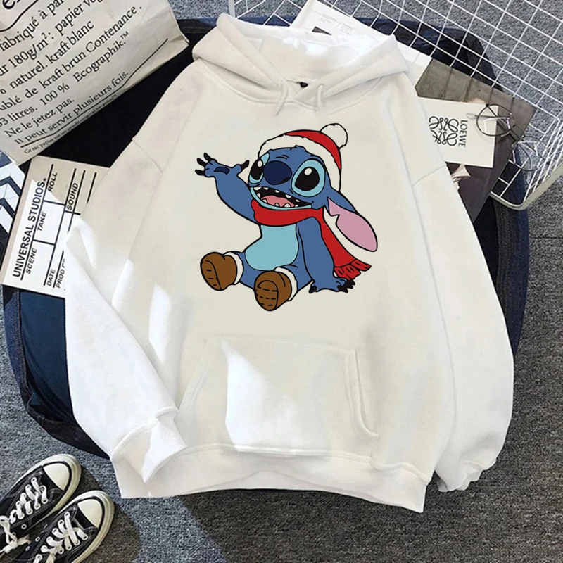 

2022 New Disney Funny Stitch Christmas Print Hoodies Women Harajuku Pullovers Cute Kawaii Casual Hooded Sweatshirt Long Sleeves
