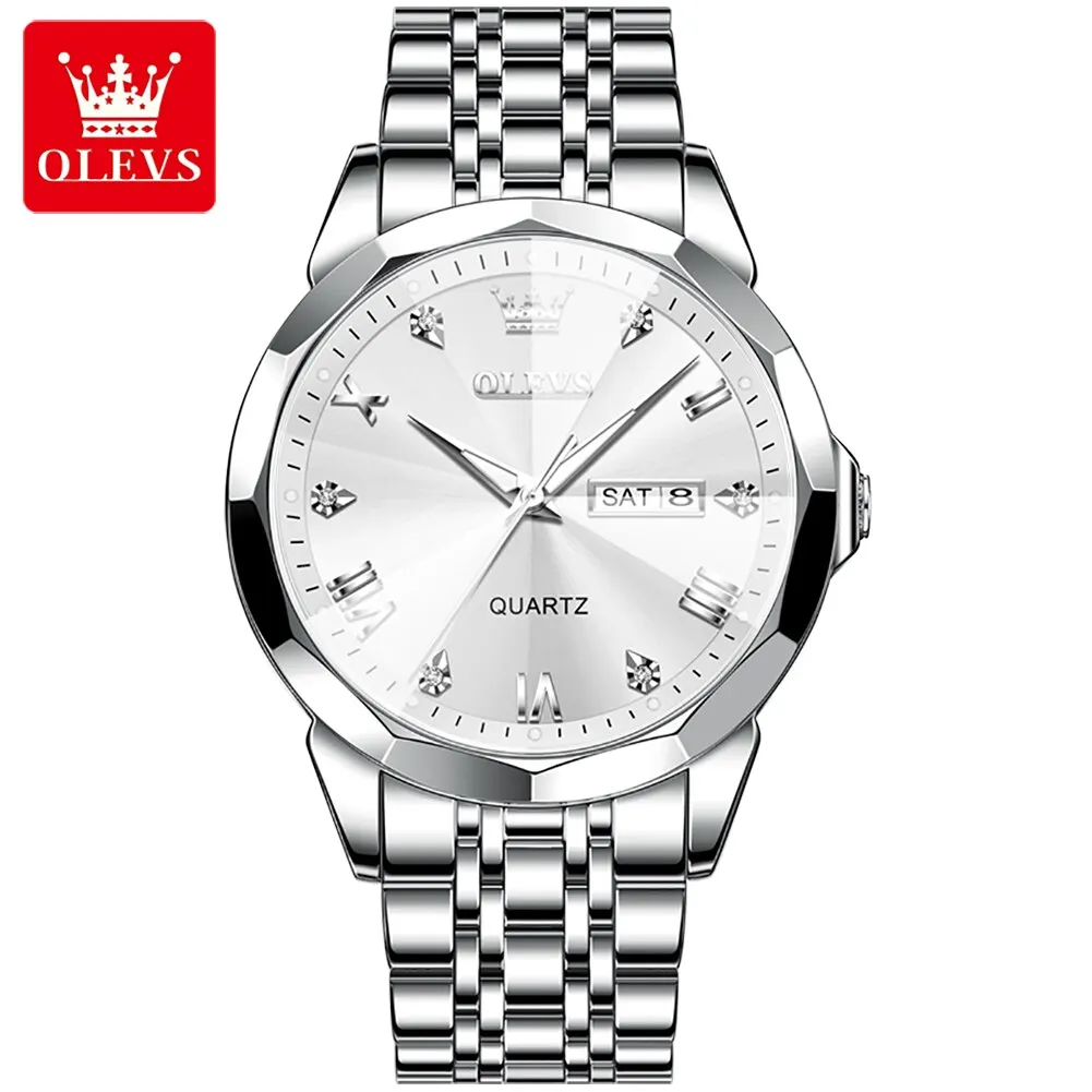 OLEVS Men's Rhombus Mirror Quartz Watch - Waterproof, Luminous Stainless Steel Wristwatch with Date and Week Display