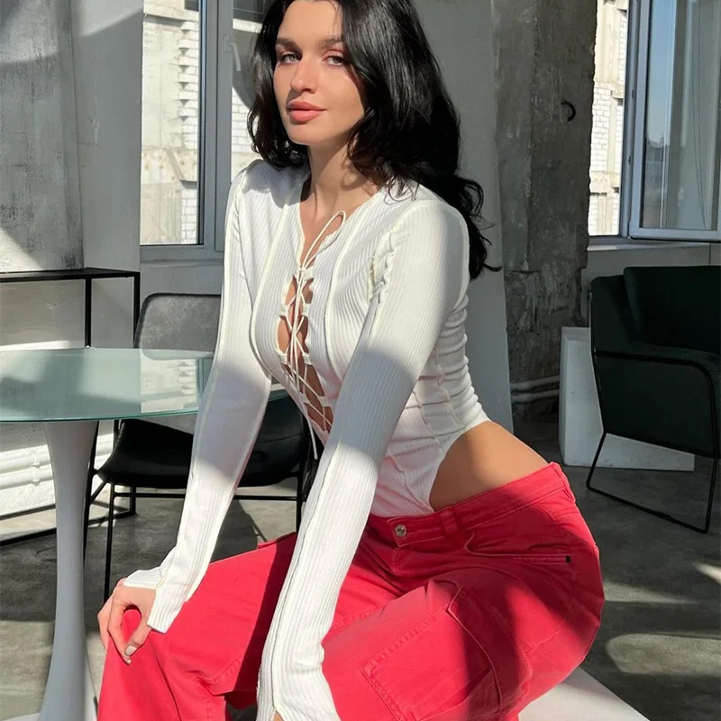2024 Europe and America Women Sexy Cross Lace Openwork Lace Bottom Long Sleeve Tights Women's Fashion Street Jumpsuit