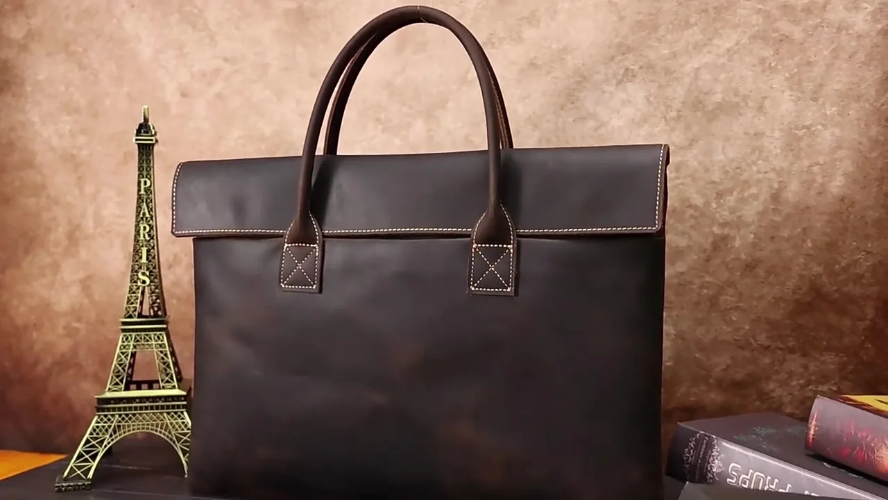 Винтажный деловой портфель из натуральной кожи Crazy Horse коричневого цвета с