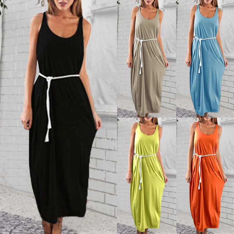 

Backless Dress Women Fashion Solid Color Casual Sleeveless Tank Dress O-neck Loose Mid-Calf Dress Vestidos Streetwear Robe Femme