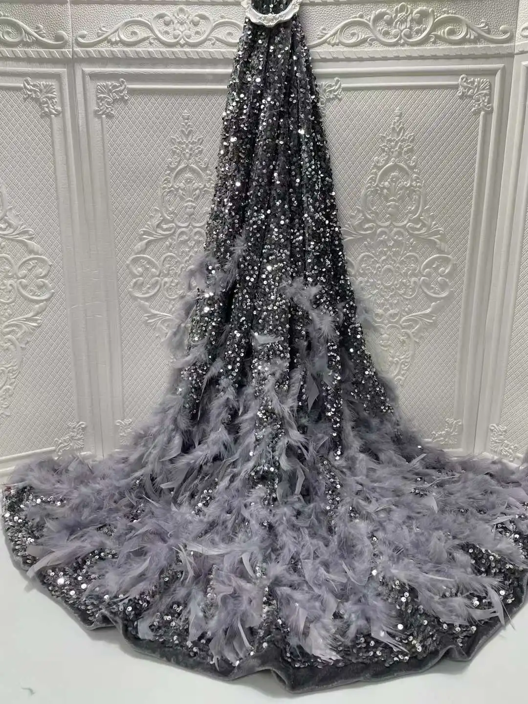 African Velvet Lace Fabric 2023 High Quality Luxury Sequins Lace Material 3D Feather Embroidery Nigerian Fabrics For Wedding