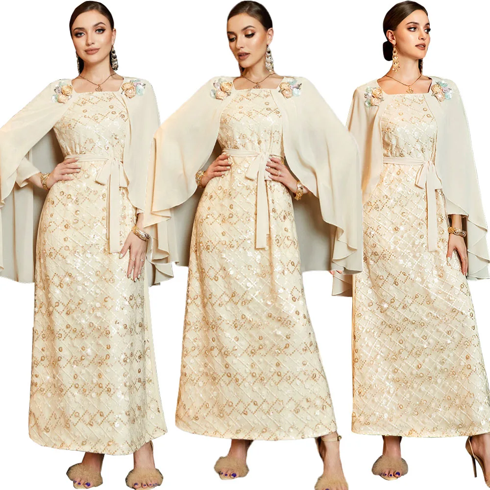 

Hand Sewn Diamond Cape Dress Fashion Mualim Women Floral Sequin Abaya Turkey Evening Party Dubai Kaftan Gown Moroccan Arab Robe