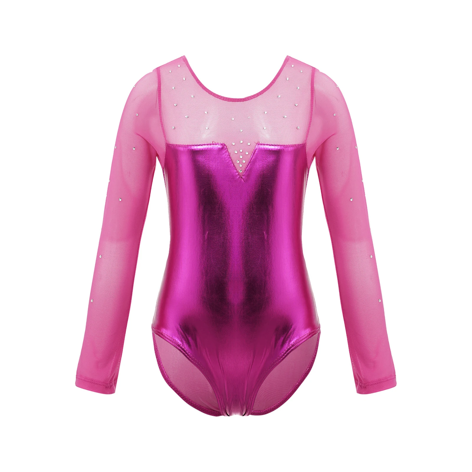Sparkle Girls Tulle Long Sleeve Gymnastics Leotard Bodysuit Rhinestone Metallic Ballet Leotard Kids Practice Stage Dance Costume
