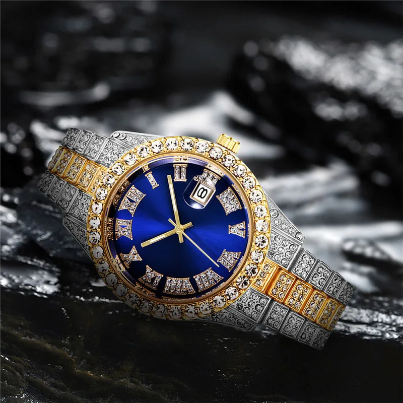 Iced Out - Men's waterproof quartz watch, men's clock, elegant diamond, luxury brand, 2-piece set_voghion.com