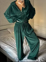 Ensemble 2 pièces en velours pour femmes, pantalon décontracté, veste Cardigan à capuche avec fermeture éclair et pantalon ample, survêtement de Sport, automne hiver 5