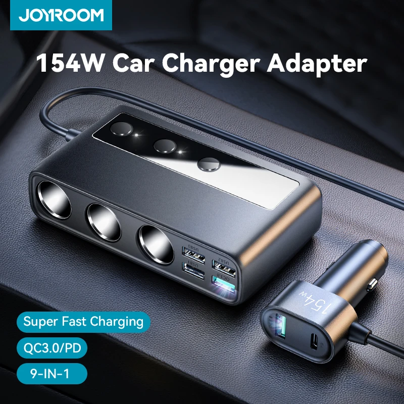 

Joyroom 154 Вт автомобильное зарядное устройство адаптер 9 в 1 Разветвитель Прикуривателя PD/QC 3,0 USB разъем для быстрой зарядки с независимыми переключателями
