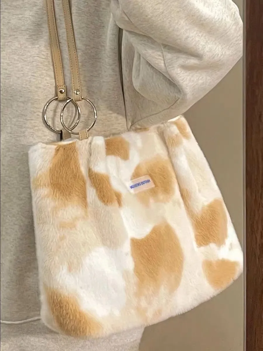 NEW Plush Shoulder Bag Autumn Winter Large Capacity Tote Handbag Student Bookbag Daily Commute Leisure Soft Shopper Storage Bag