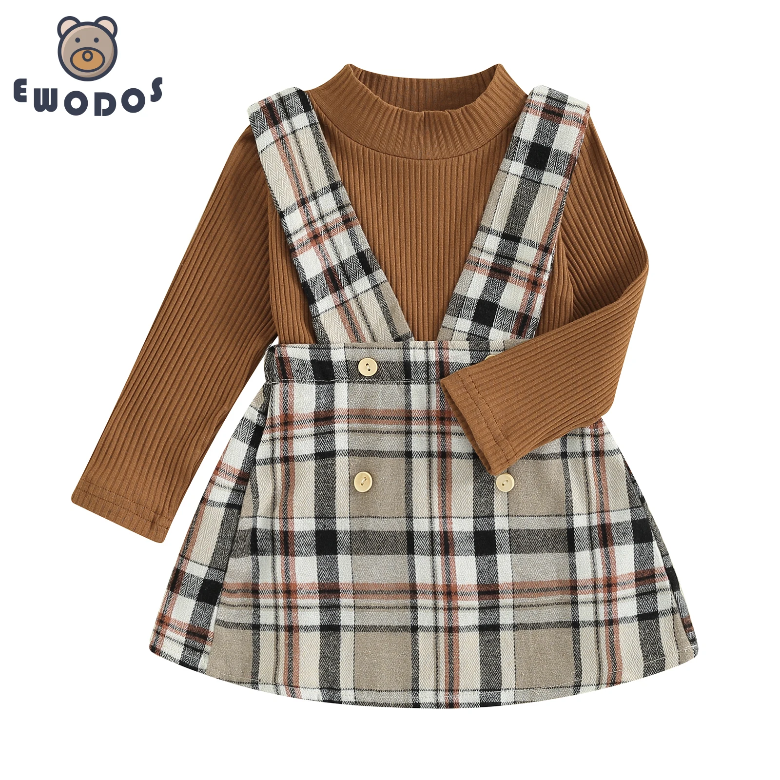 

EWODOS Toddler Girls 2 PCS Outfits Dress Sets Solid Color Long Sleeve Ribbed Tops Plaid Suspender Skirt Set for Autumn Spring