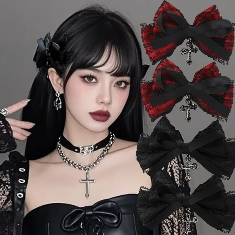Y2k Gothic Cross Pendant Lace Bow Hair Clips for Woman Girls Dark Sweet Cool Personalized Hairpins Lolita Girl Hair Accessoires