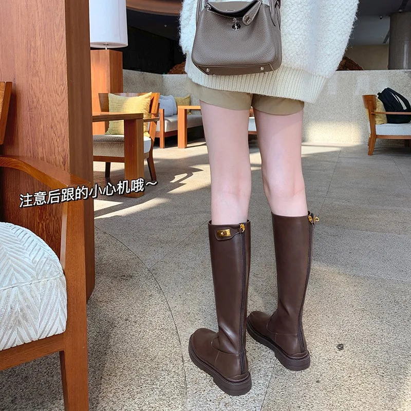 

Thick-soled But Knee-high Knight Boots Women's Autumn and Winter New Round Toe Back Zipper Metal Buckle British Boots Children