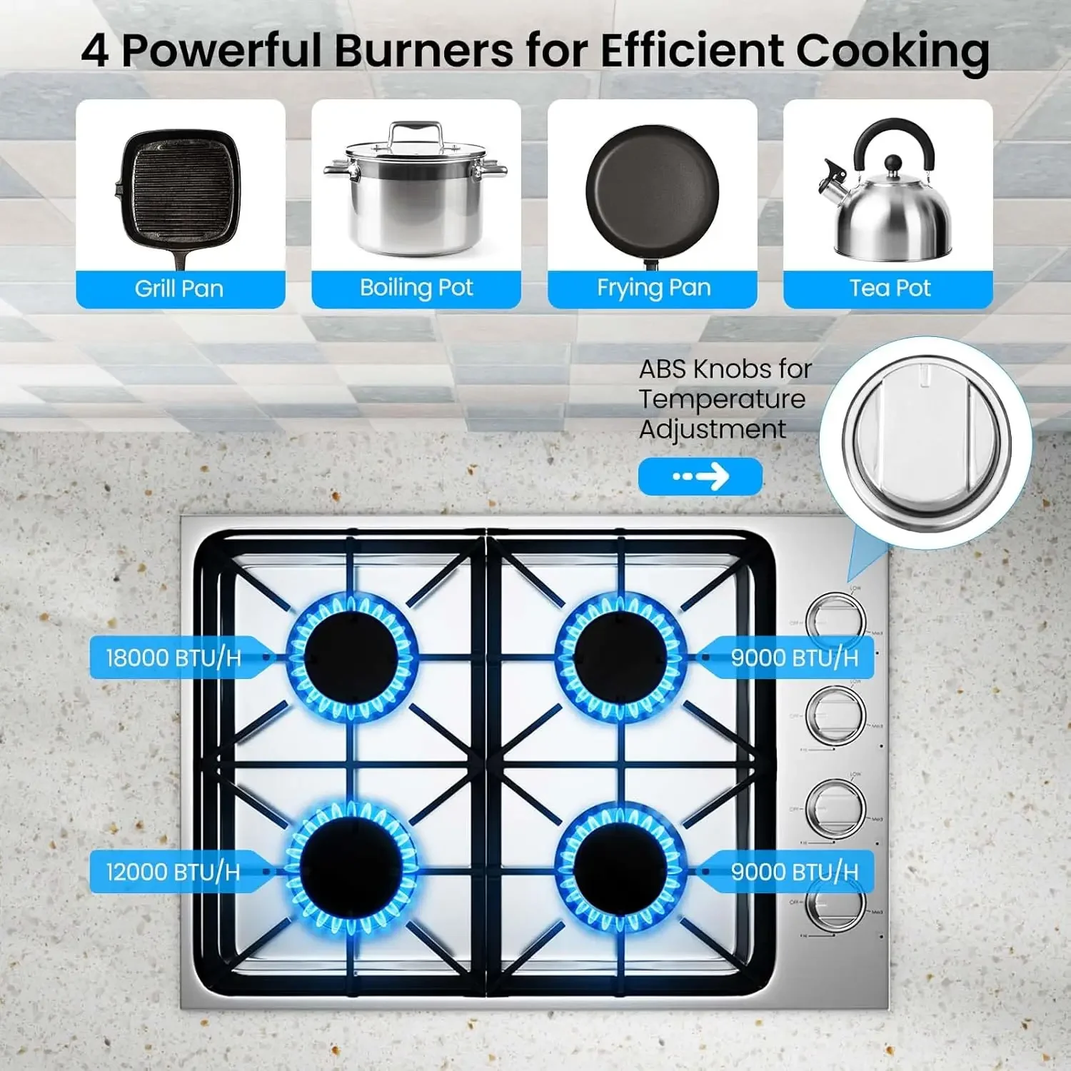 Gas Cooktop, SIMOE Gas Stove Top Bulit-in with 4 Burner, Stainless Steel, NG/LPG Convertible Gas Hob with Cast Iron Grill/Griddl 2