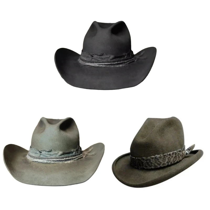 

Distress Wool Cowboy Hat Male Fedoras Hat with Roll Brims Theme Party Costume Hat