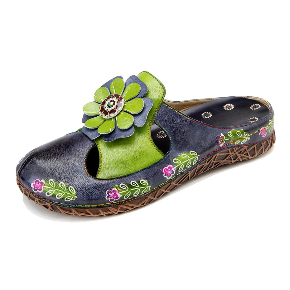 

Retro Floral Stitching Soft Flat Sandals Slides Genuine Leather Splicing Hand Painted Slippers Summer Flowers Mules Ladies Shoes