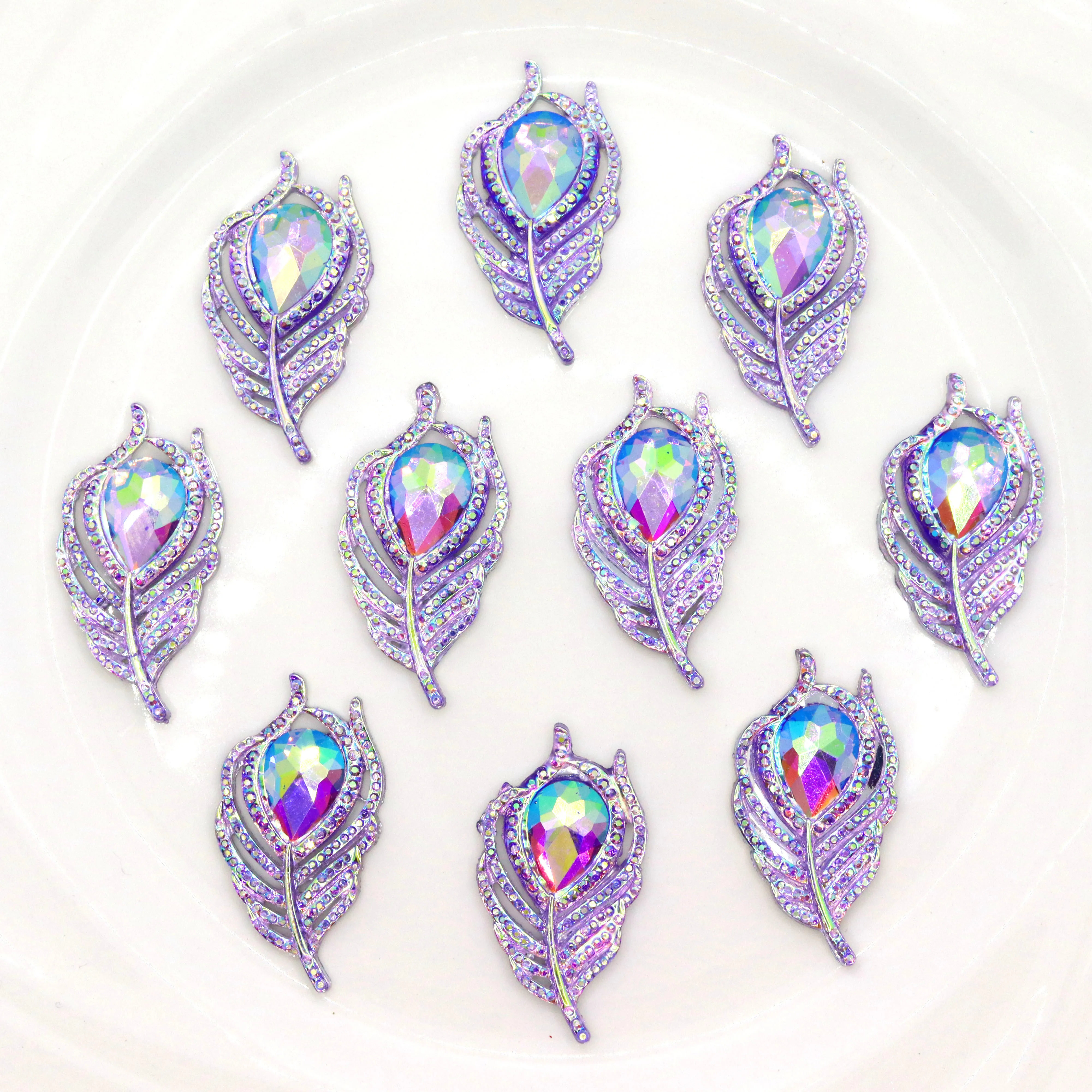 

Shining 50pcs AB 20*38mm Peacock Feathers Flatback Rhinestone DIY Art Decoration Ornaments Appliques Craft Supplies
