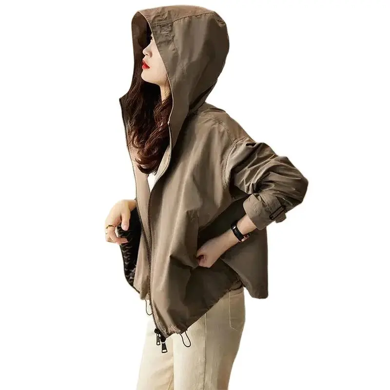 

Spring Autumn Hooded Jacket Women 2024 New Fashion Loose Temperament Coat Zipper Pocket Pure Colour Khaki Outerwear Female