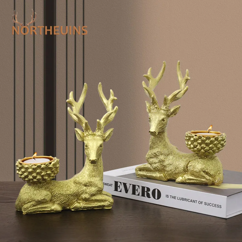 

Подсвечники NORTHEUINS из смолы для пары лось, фигурки для интерьера камина, подсвечники с золотым оленем, художественное украшение, украшение для дома